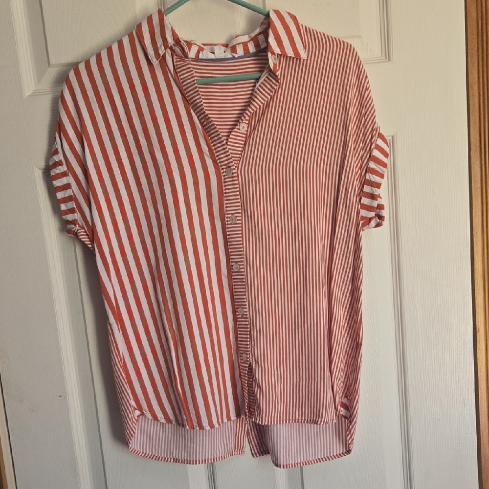 Red and White Striped Button-Up Shirt